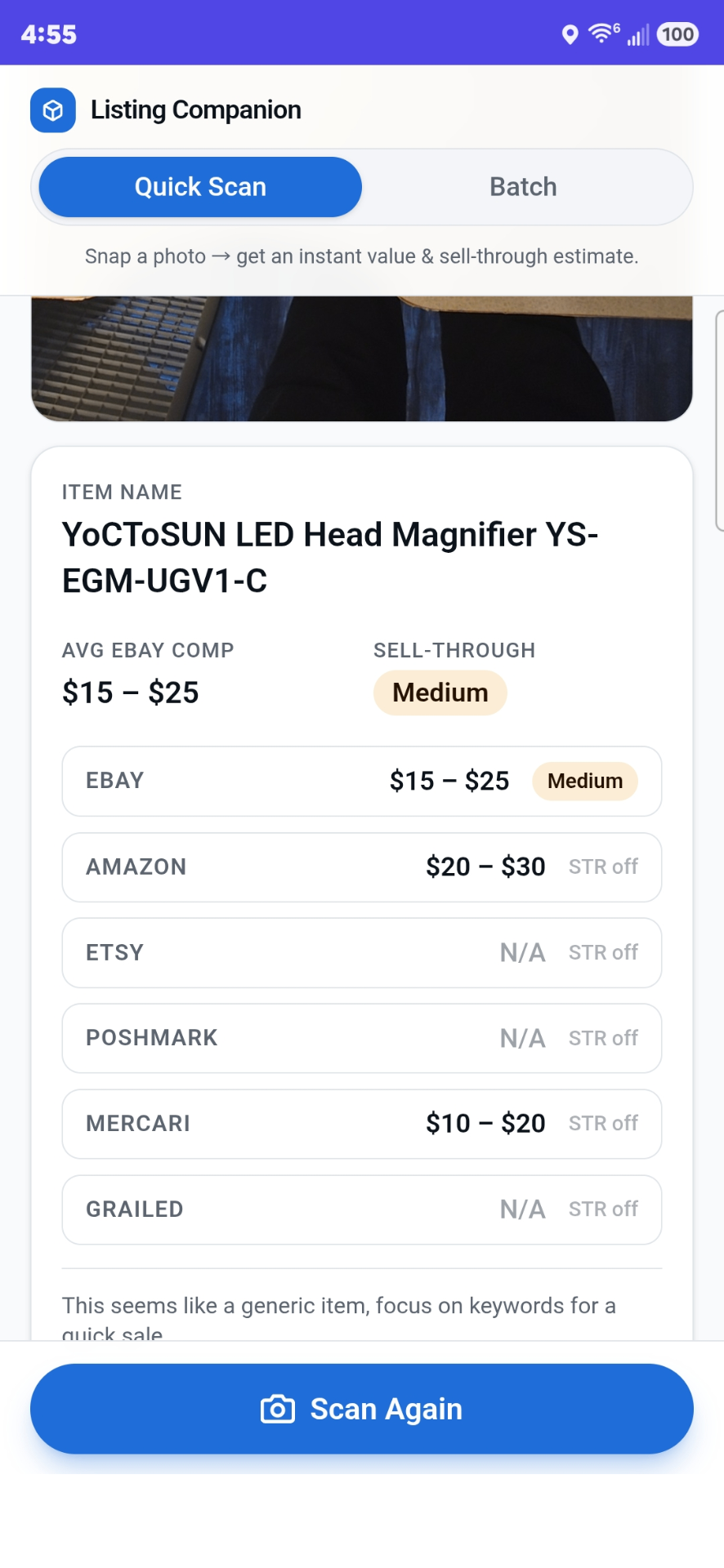 Quick Scan results showing cross-platform price comps for eBay, Amazon, Mercari, and Grailed